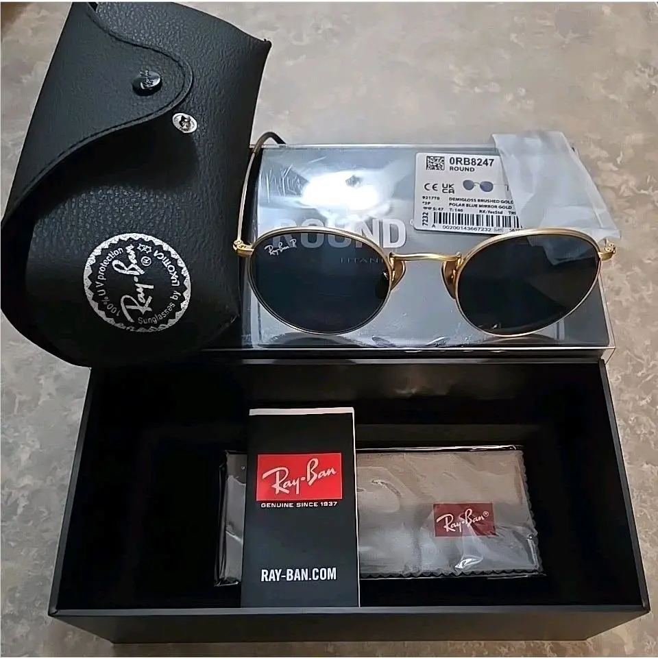 Ray-ban Adult Round Titanium Polished Gold Blue Polar Gold Mirror Sunglasses - Polished Gold/Blue/Gold, Frame: Gold, Lens: Blue