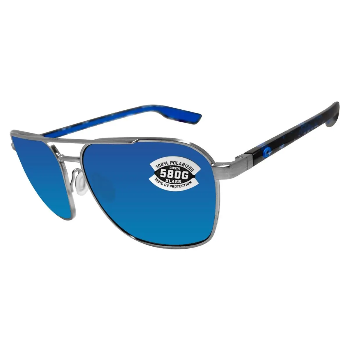 Costa Del Mar Wader Brushed Silver Frame Blue Mirror 580 Glass Polarized Lens