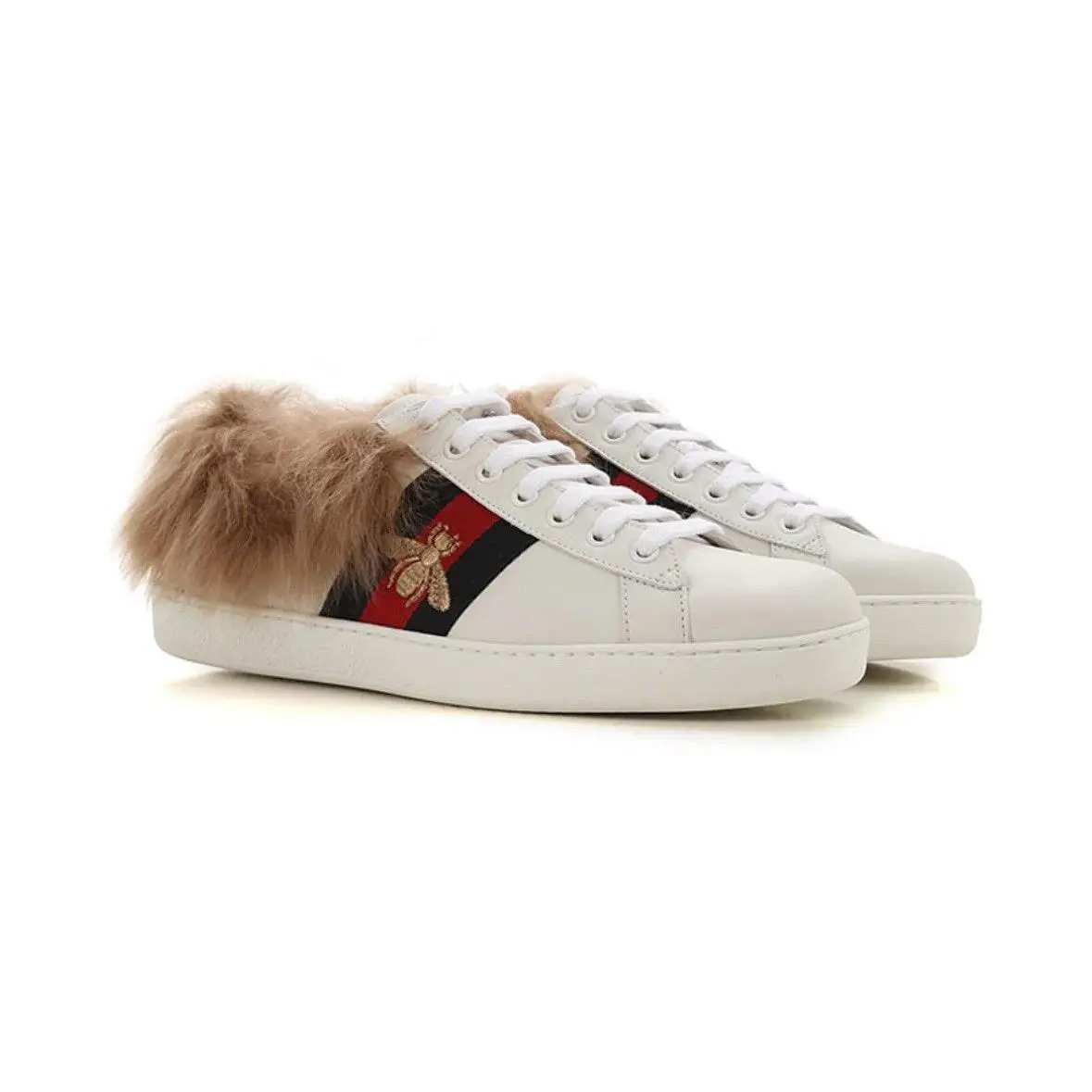 Gucci Ace Mens White Leather Fur Lined Web Bee Logo Sneakers Men US 7.5 - White
