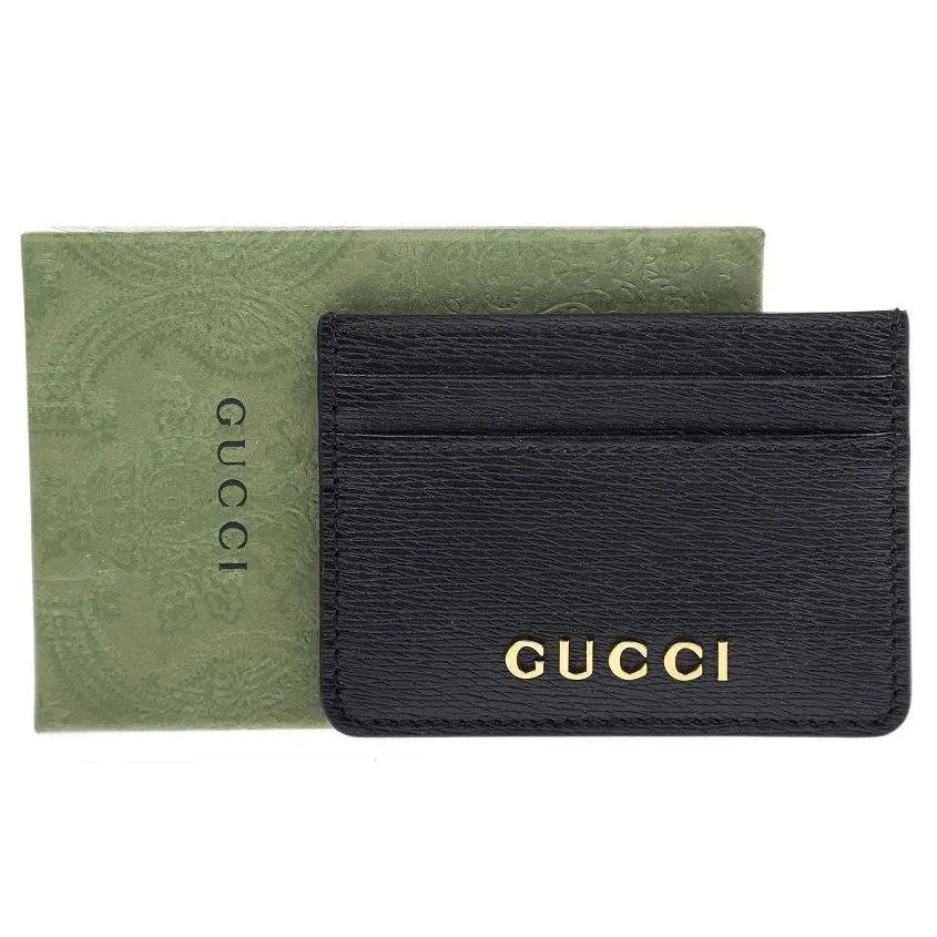 Gucci Black Leather Gucci Script Logo Card Case Wallet W/box Unis