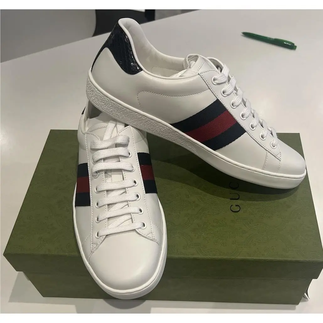 Men`s  Web Leather White Sneakers Shoes Size 8G/8.5 US EU 42 by Gucci