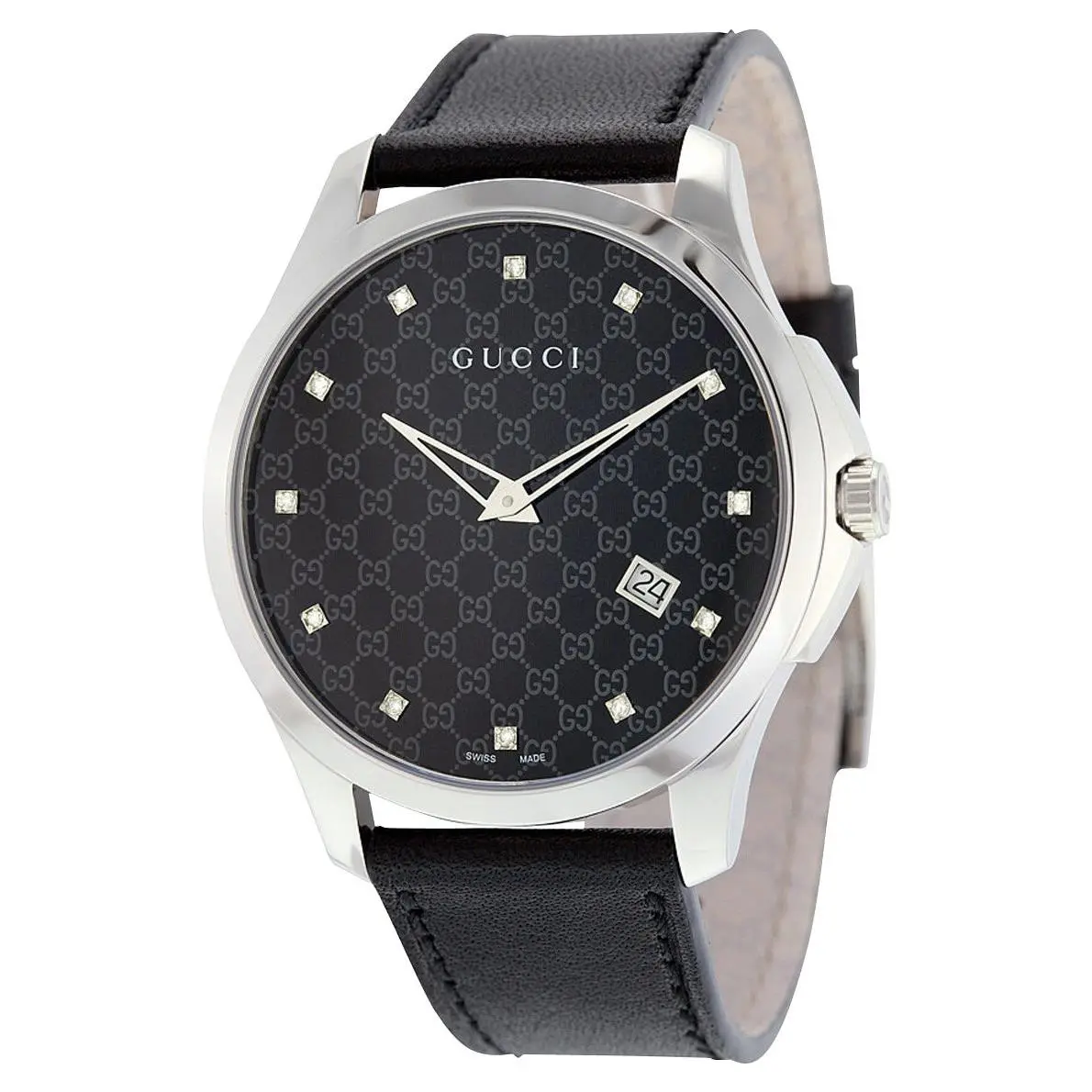 G-timeless Black Dial Black Leather Diamonds Quartz Unisex Watch YA126305 by Gucci