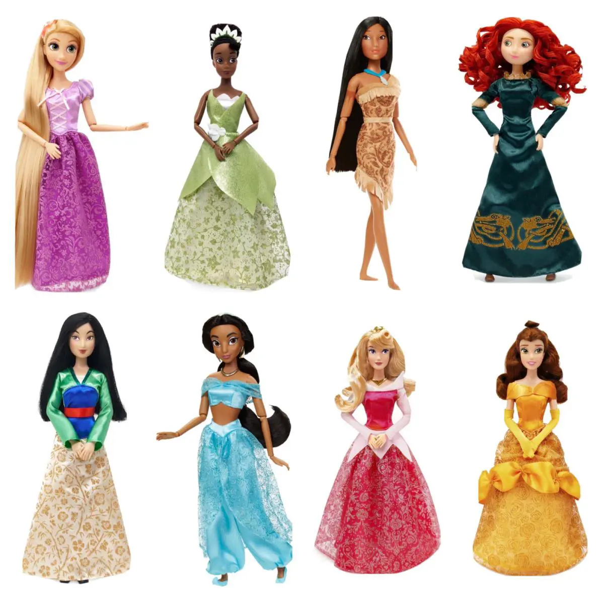 Disney Barbie Classic 8 Princess Dolls Pocahontas Merida Belle Aurora Tiana Set