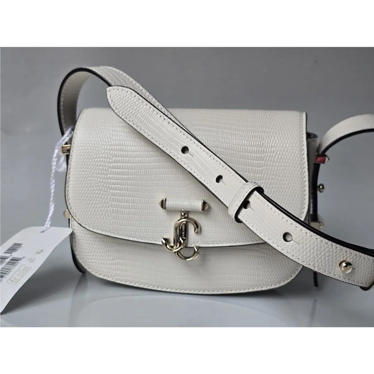Jimmy Choo Crossbody Bag White Milk Lizard Leather JC Gold Logo `oasi`