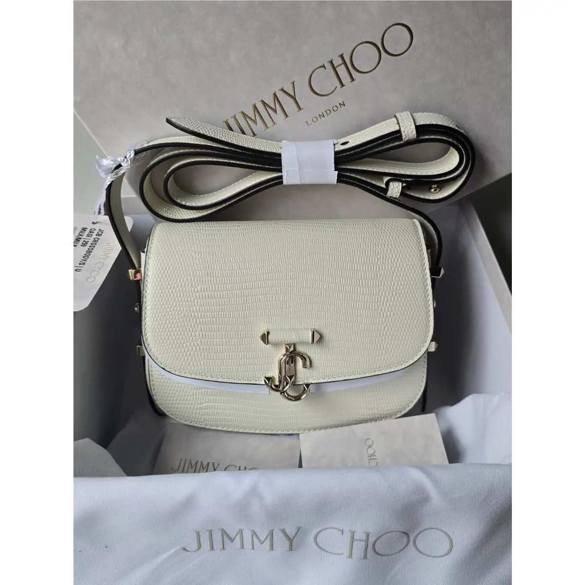 Jimmy Choo Crossbody Bag White Milk Lizard Leather JC Gold Logo