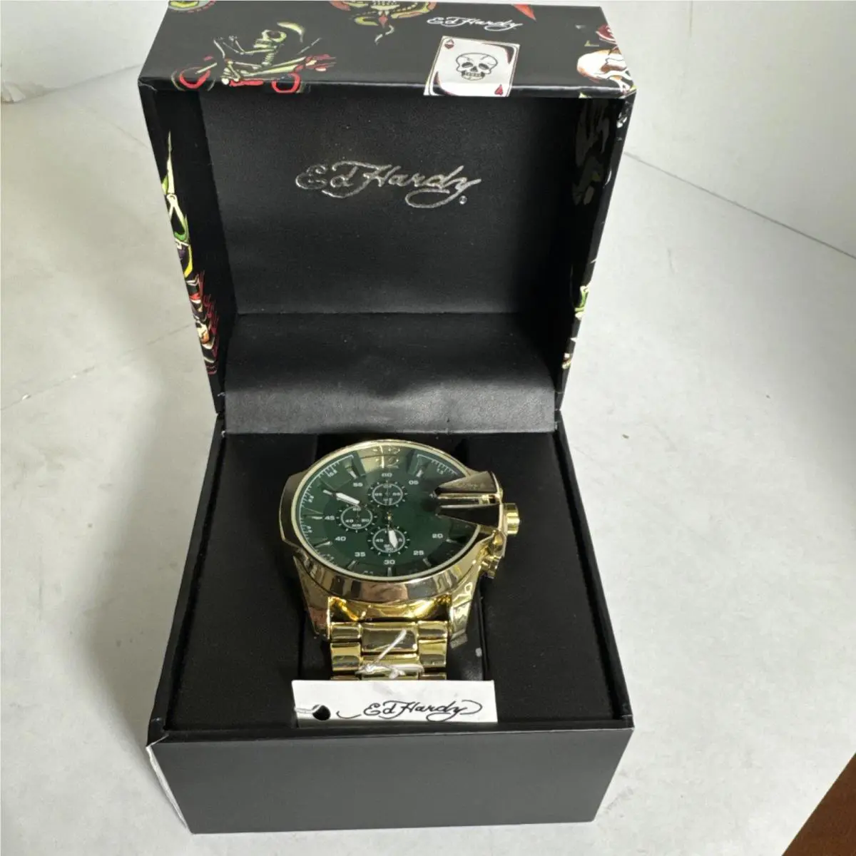 Mens Watch Chronograph Stainless Steel Band Green Face by Ed Hardy