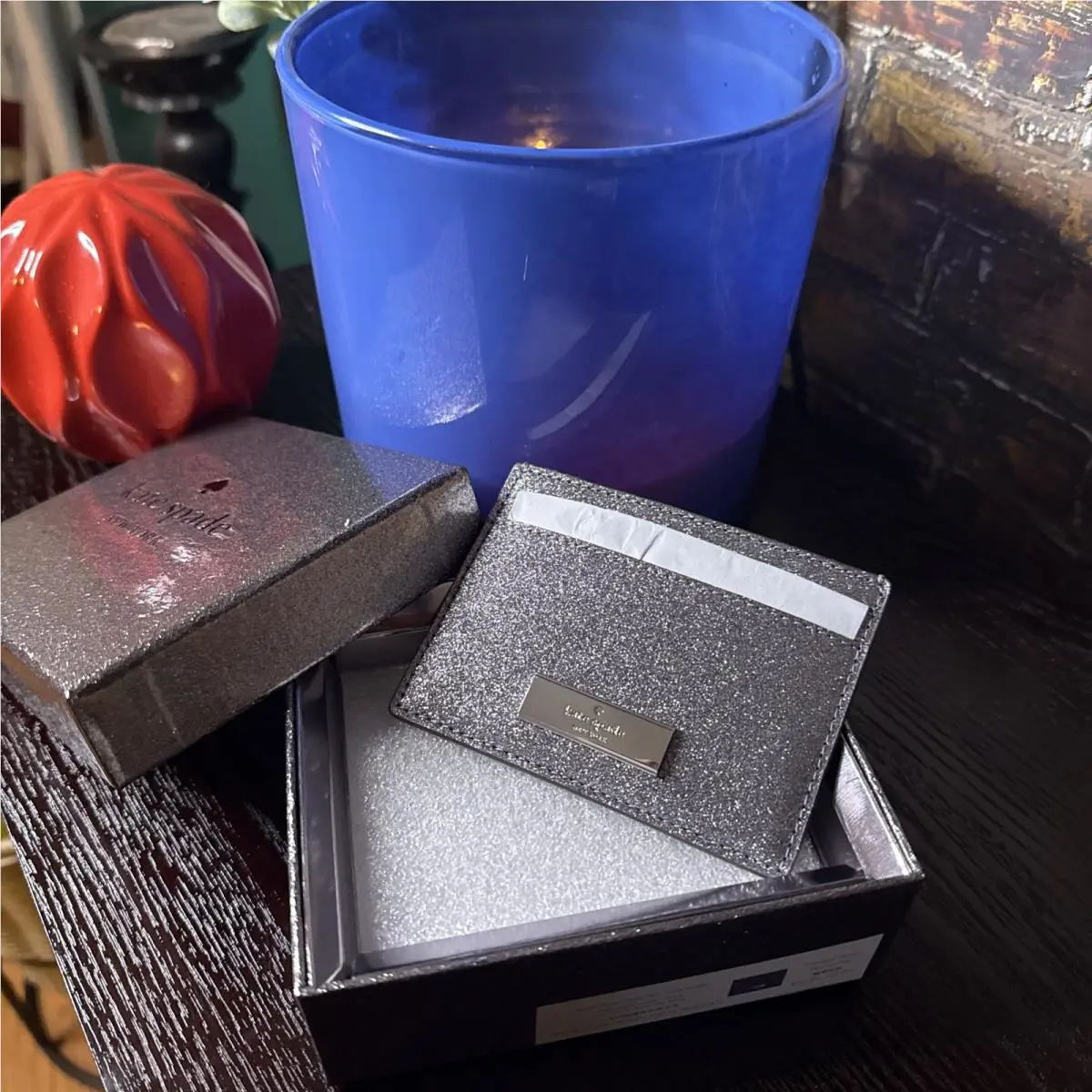 Kate Spade Kenzie Boxed Glitter Small Cardholder Silver Candied Flower New W/tag