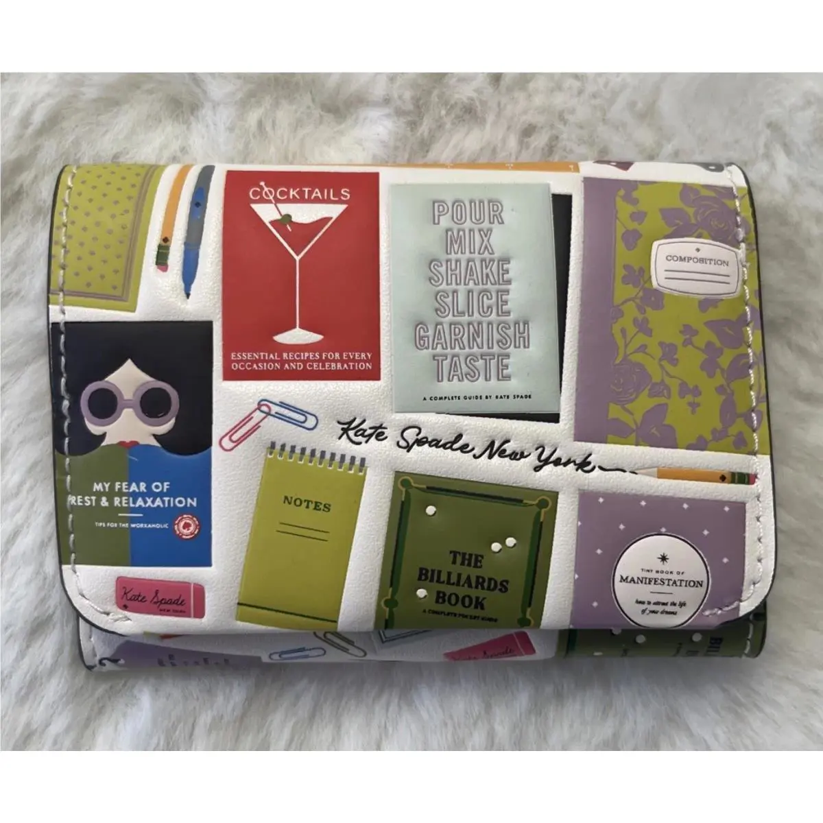 Kate Spade Page Turner Card Case Trifold Leather Wallet Cream Multi