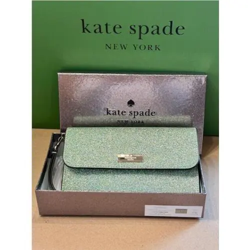 Kate Spade Kenzie Boxed Glitter Medium Flap Phone Wristlet Seawater Ocean KJ007