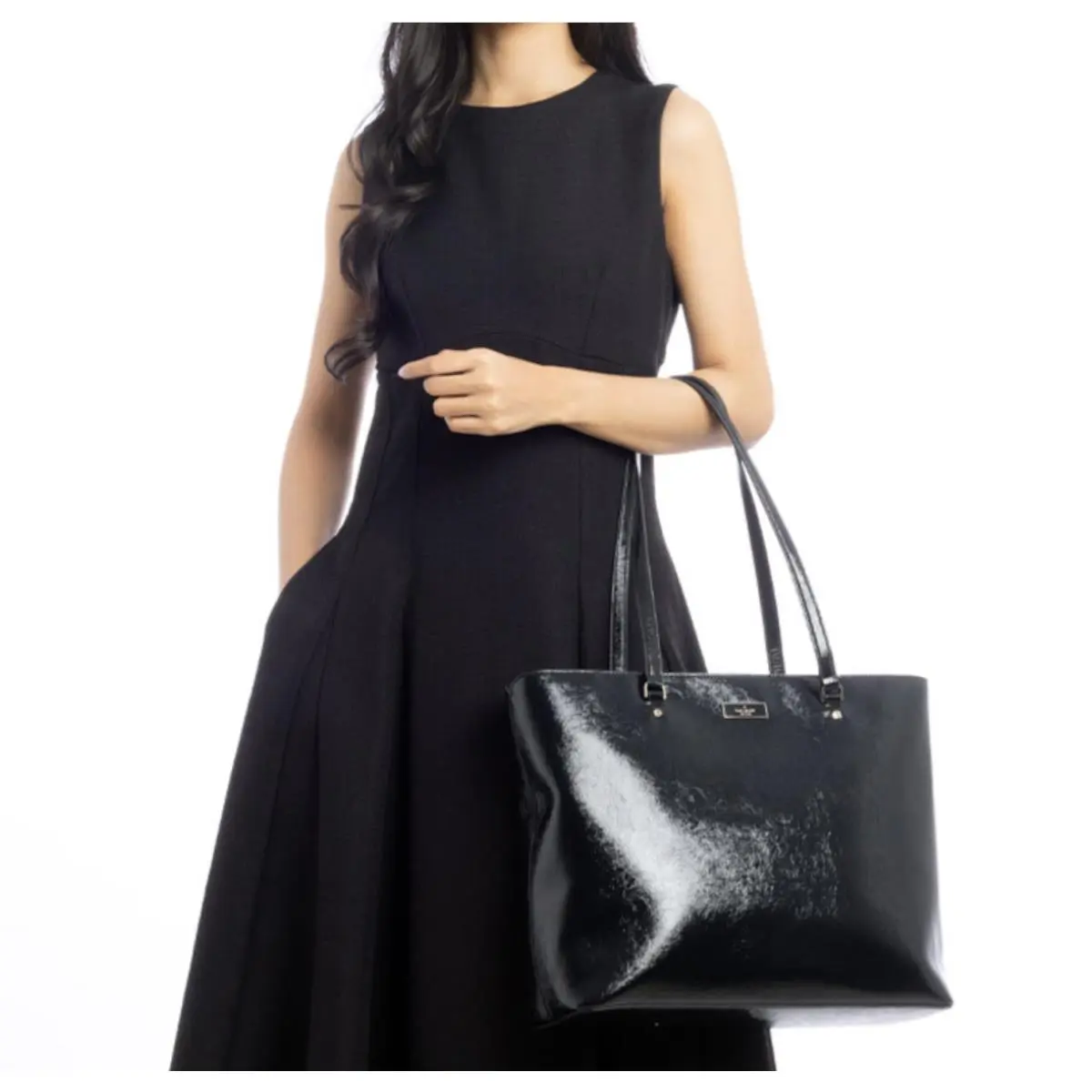 Kate Spade Bridget Crinkle Patent Large Black Tote Bag KM674 Purse - Handle/Strap: Black, Hardware: Gold, Exterior: Black