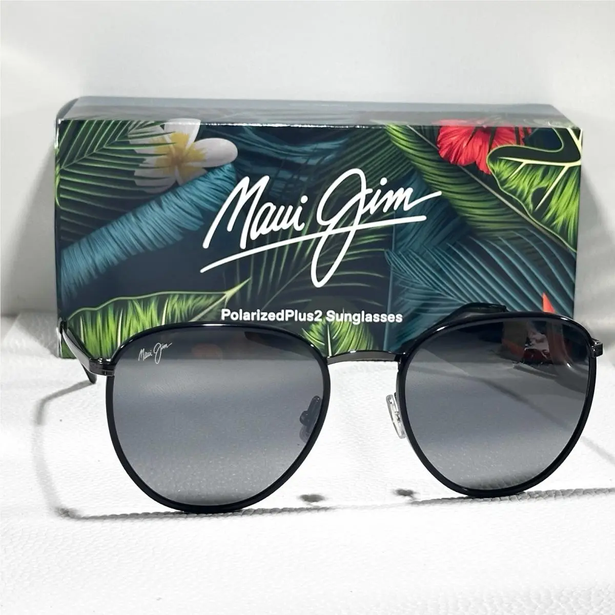 Maui Jim Noni MJ854-02 Shiny Black Round Metal Polarized Sunglasses Titanium