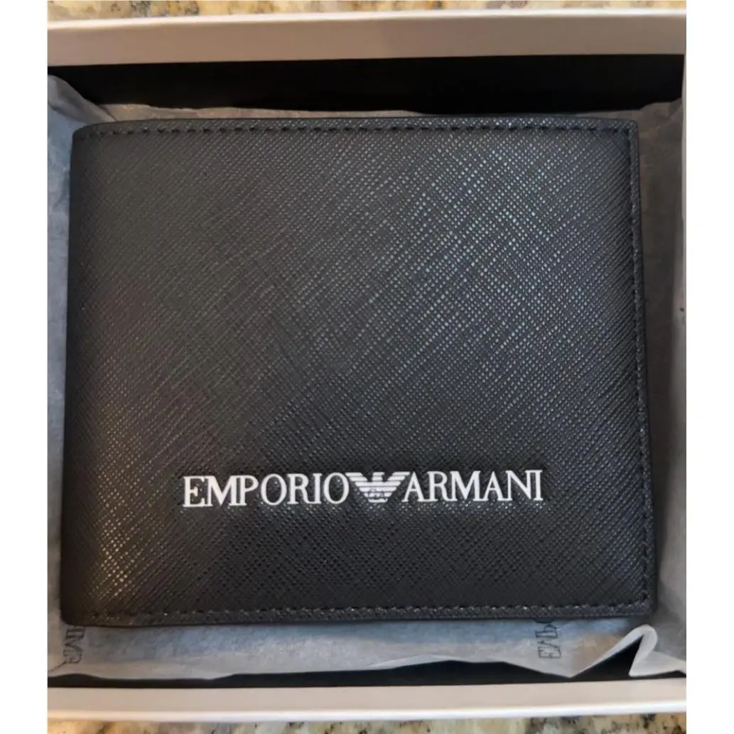 Emporio Armani Leather Card Holder Logo Bifold Wallet Black