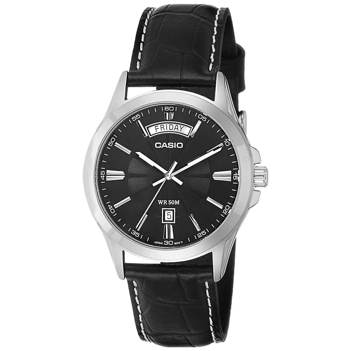 Casio MTP1381L-1AV Men`s Vintage Classic Black Dial Leather Band Day Date Watch - Dial: Silver, Band: Black, Bezel: Silver