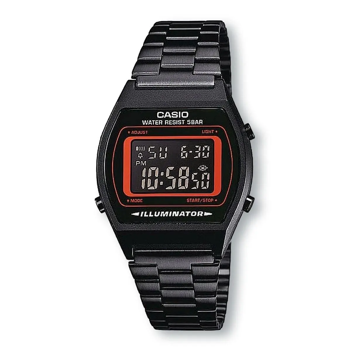 Casio B640WB-4B Retro Digital Watch Jet Black Case Bracelet W/red Dial