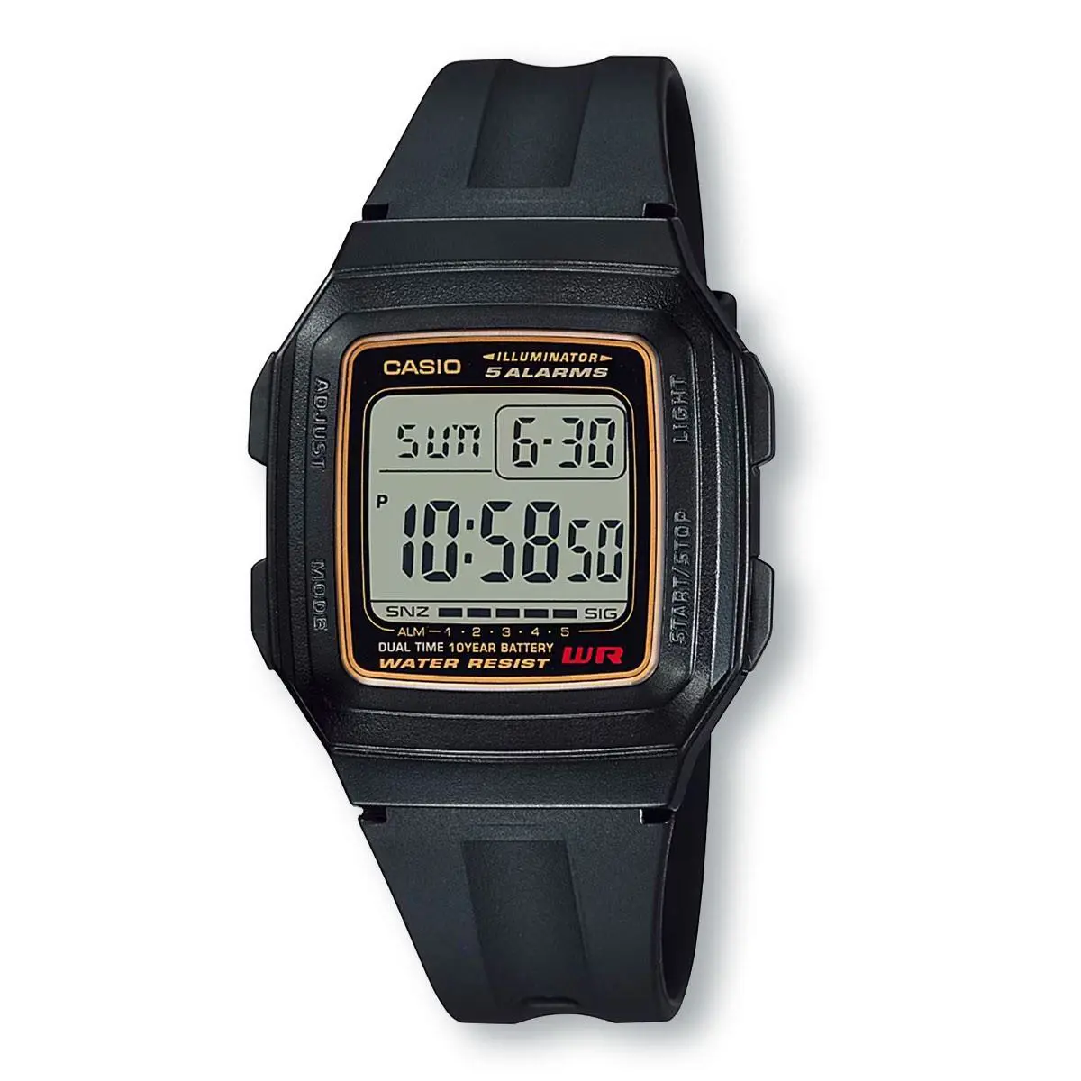 Casio F201WA-9A Multi-function Alarms Digital Sport Black Gold Watch