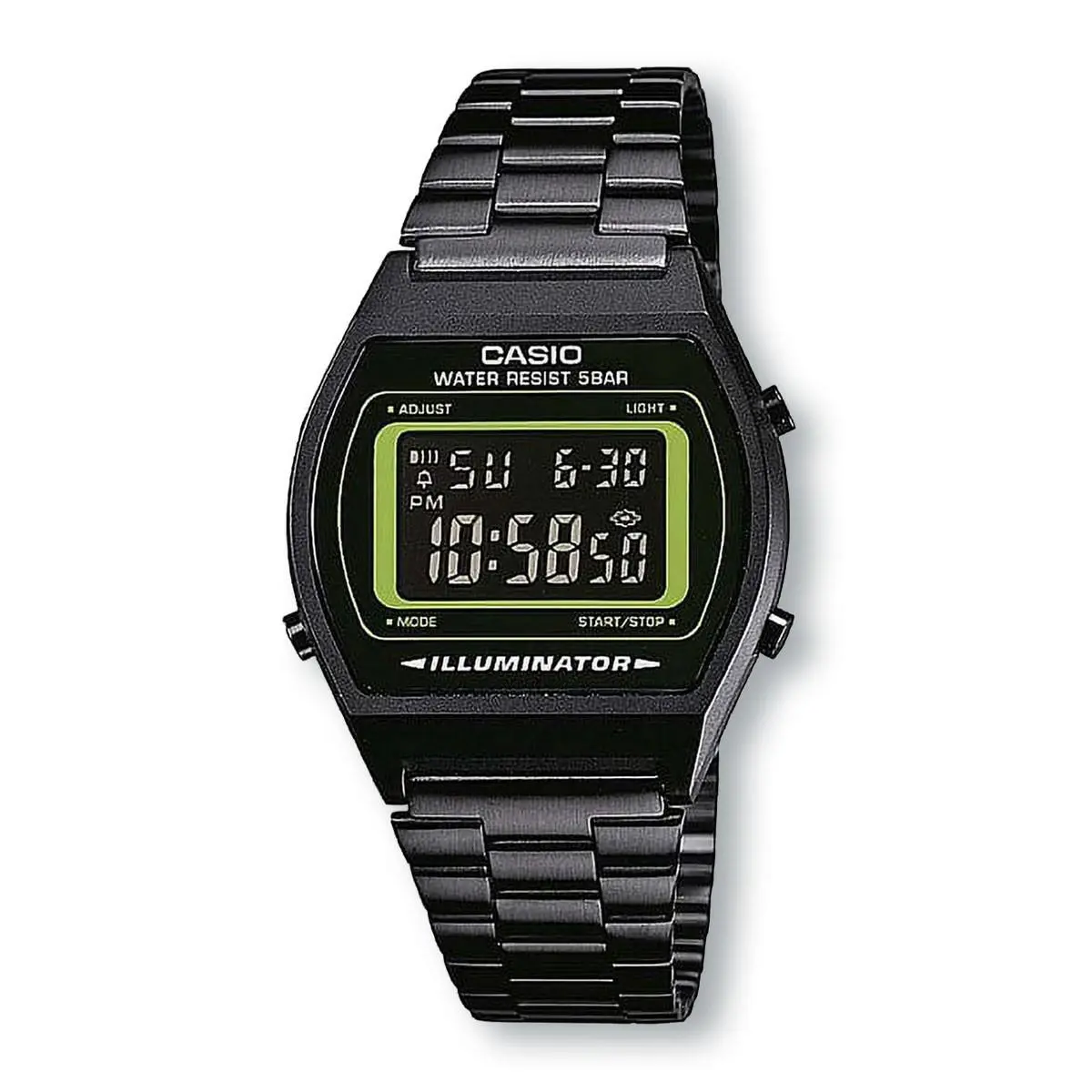 Casio B640WB-3B Retro Digital Watch Jet Black Case Bracelet W/green Dial