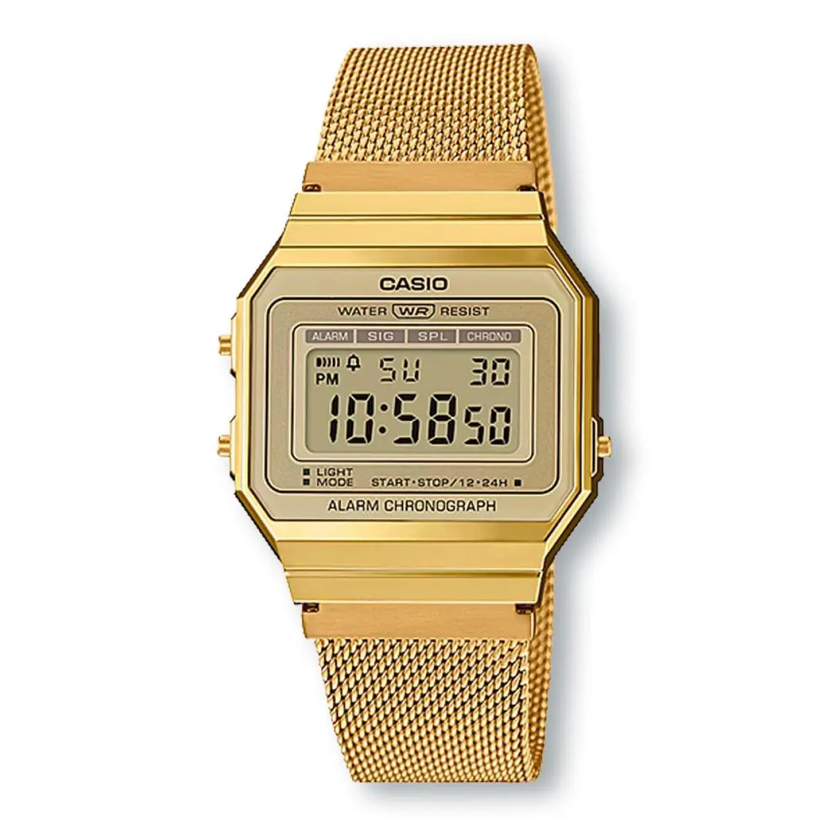 Casio A700WMG-9ADF Vintage Digital Super Slim Chronograph Mesh Watch Gold - Dial: Gold, Band: Gold, Bezel: Gold