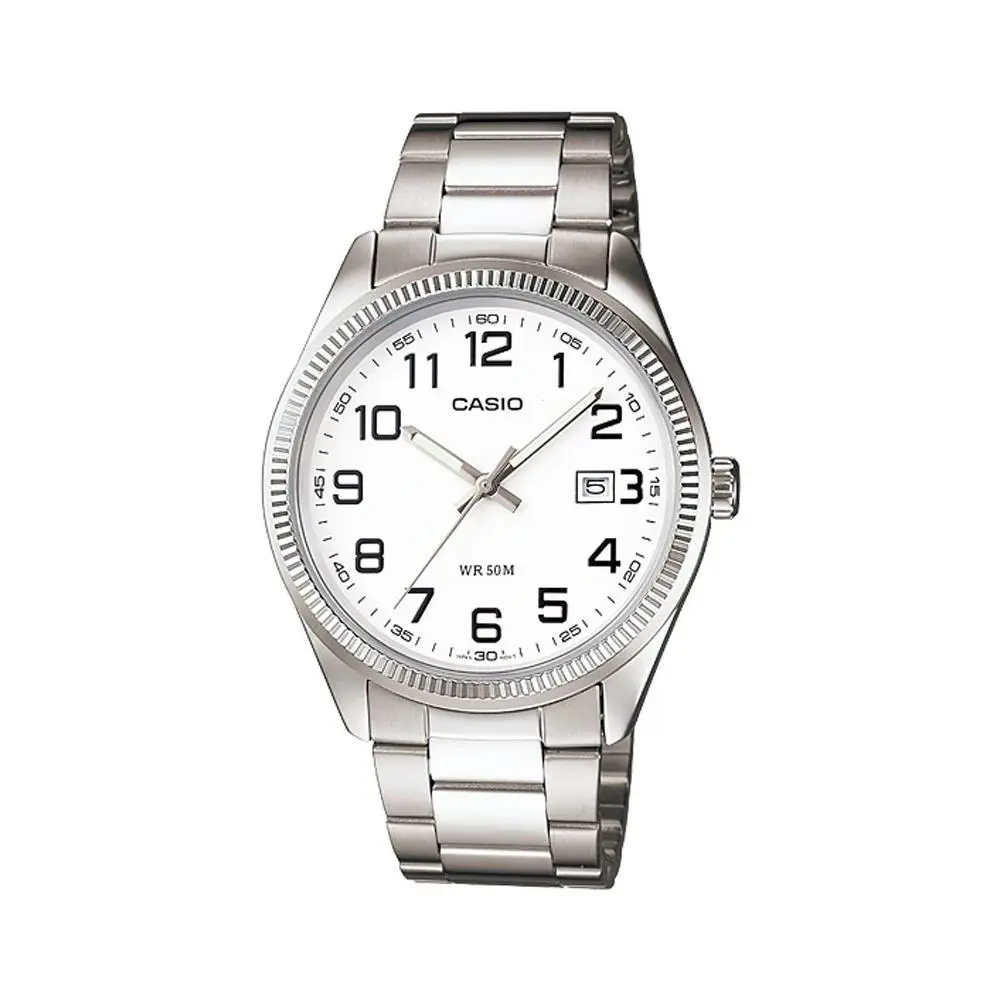 Casio MTP1302D-7BV Men`s Standard Classic Stainless Steel Date White Dial Watch - Dial: White, Band: Silver, Bezel: Silver