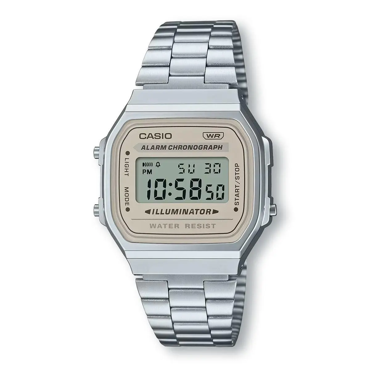 Casio A168WA-8A Digital Electro Luminescence Watch Off White Dial - Dial: Off White, Band: Silver, Bezel: Silver