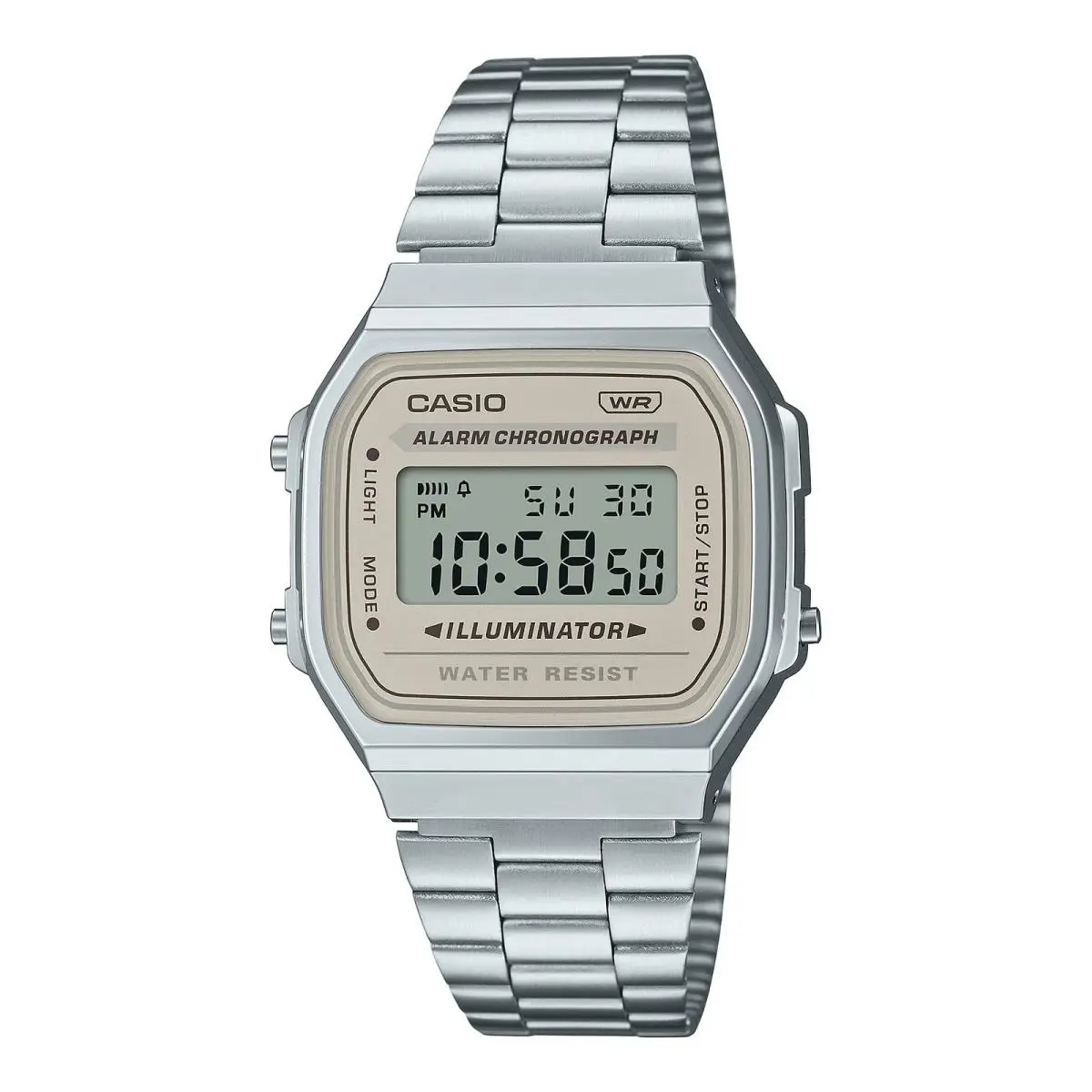 Casio A168WA-8A Vintage Silver Digital Watch - Classic Retro Illuminator - Dial: White, Band: Silver, Bezel: No Bezel, Silver