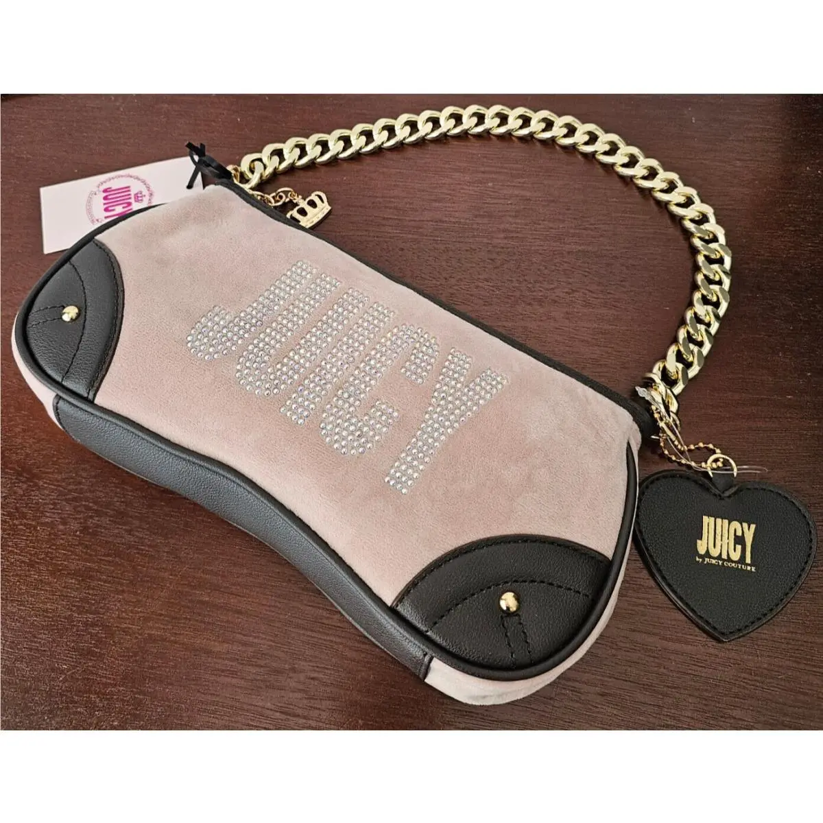 Juicy By Juicy Couture Chain Strap Crystals Small Shoulder Bag Velour Blush