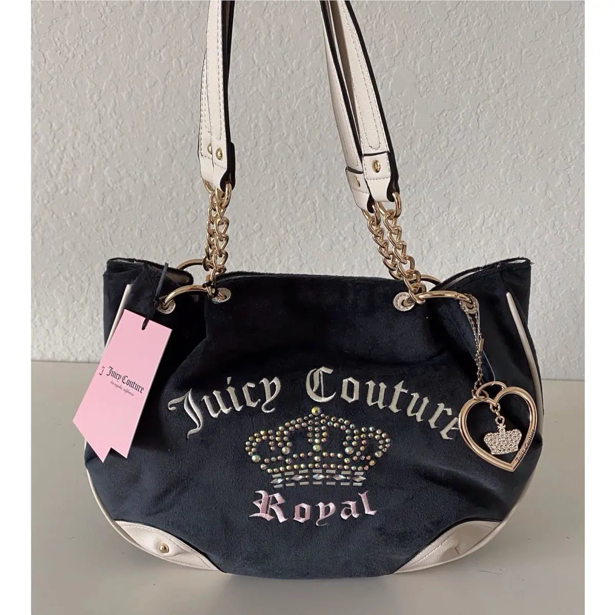 Juicy Couture Royal Kingdom Velour Tote Rhinestone Crown Liquorice W/charm