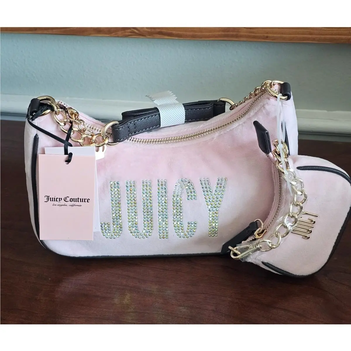 Juicy By Juicy Couture Mini Me Velour Shoulder Bag with Mini Pouch Flamingo