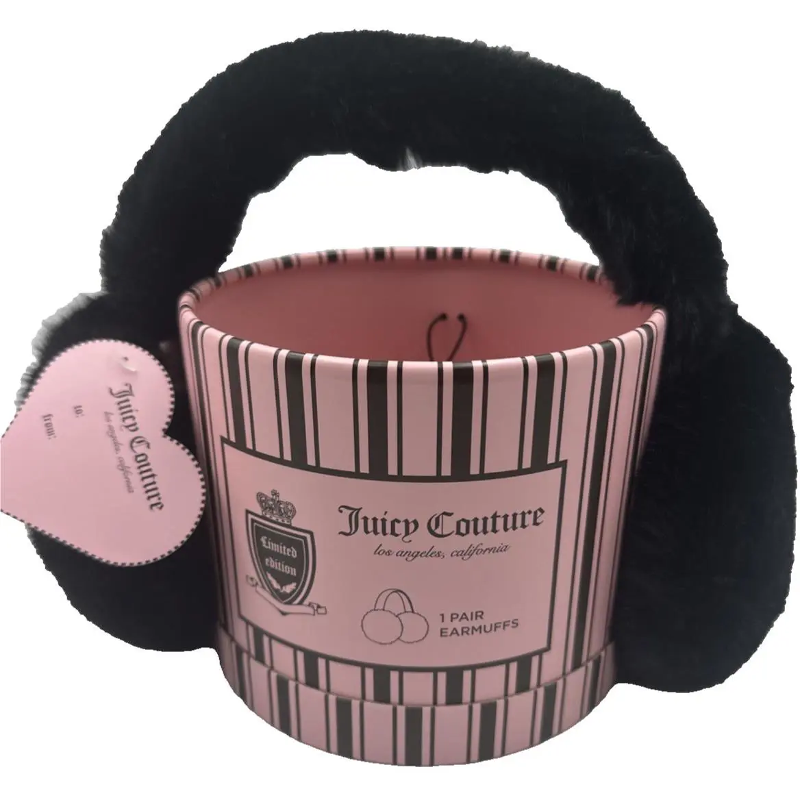 Juicy Couture Black Earmuffs with Cute Stripped Box Y2k Limited Edition - Handle/Strap: Black, Exterior: Black, Lining: Black