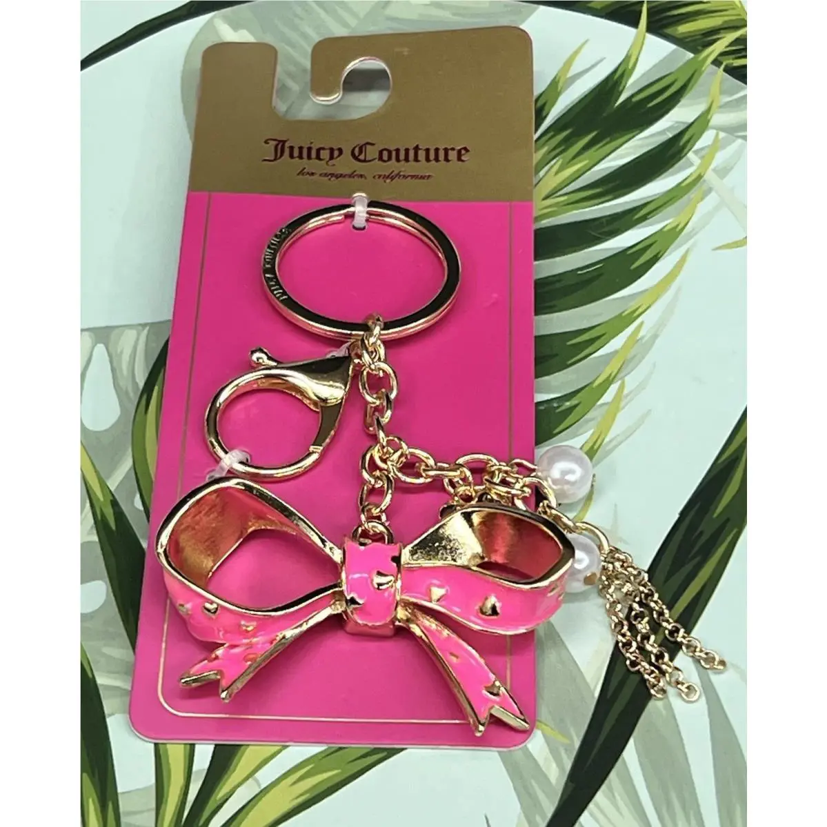 Juicy Couture Bow Keychain Bag Charm Hot Pink Enameled Heart Pearl Bling