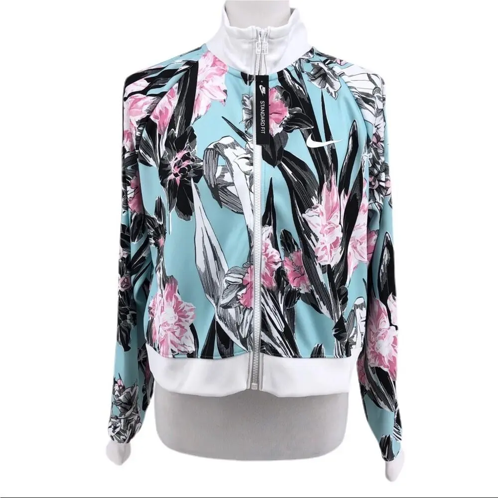 Women`s Nike Blue Floral Print Sportswear Full Zip Front Jacket sz L