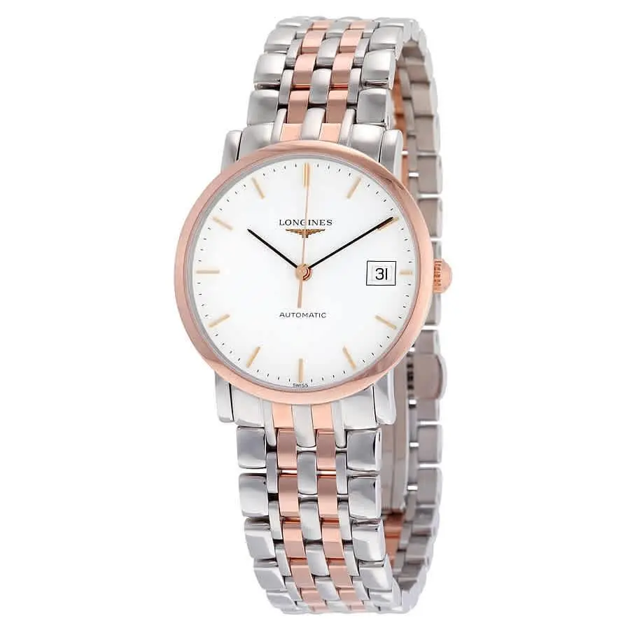 Longines Elegant Automatic White Dial 34.5 mm Watch L48095127 - Dial: White, Band: Silver, Pink, Bezel: Pink