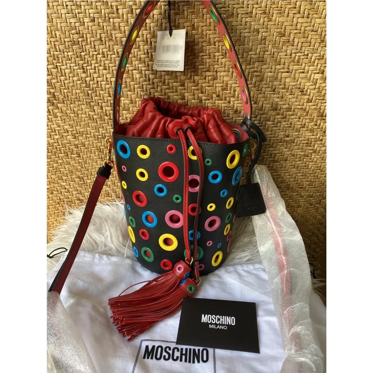 Moschino Black Multi Colored Grommet Bucket Bag