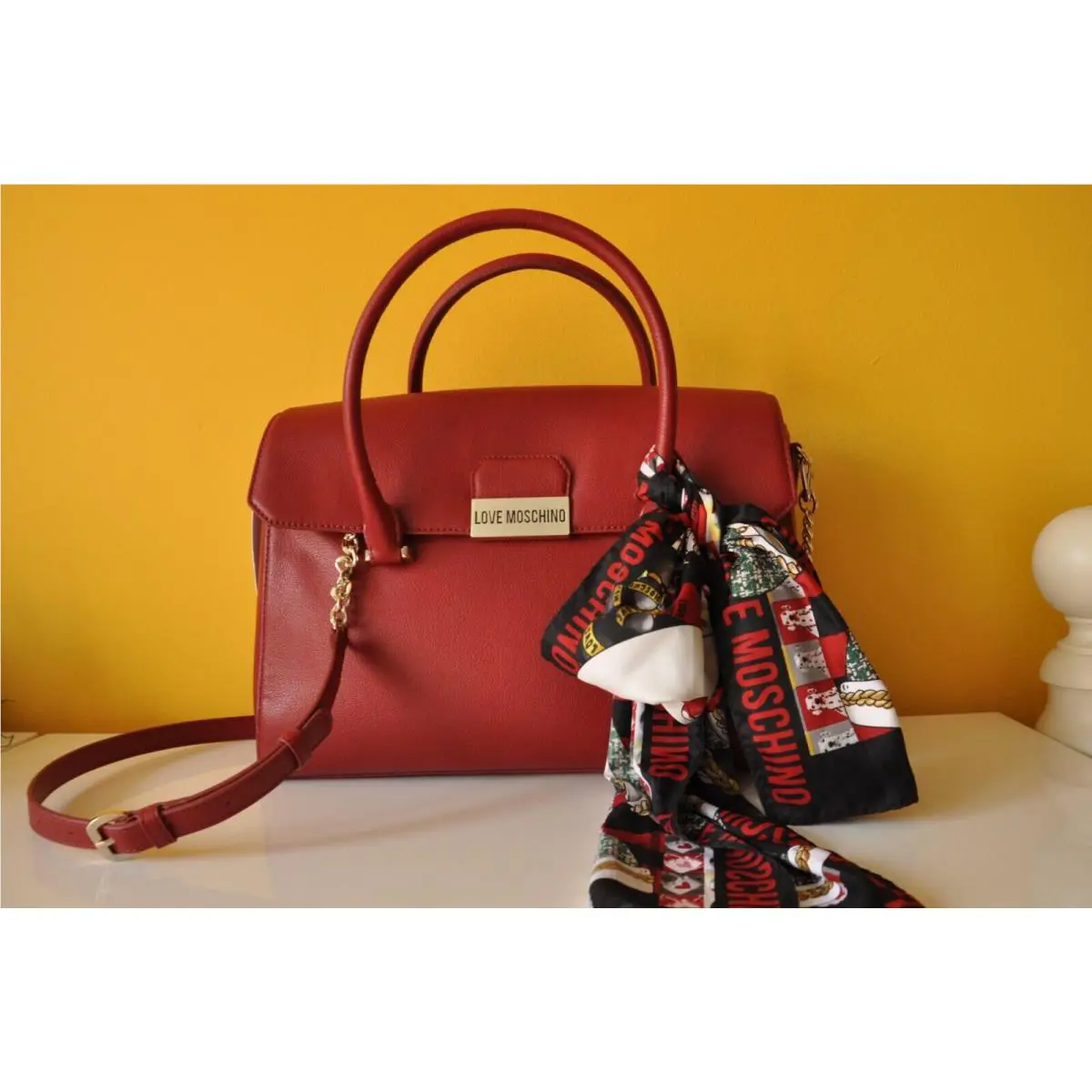 Love Moschino Leather Bag/scathel with Decorate Scarf - w Tag- Red