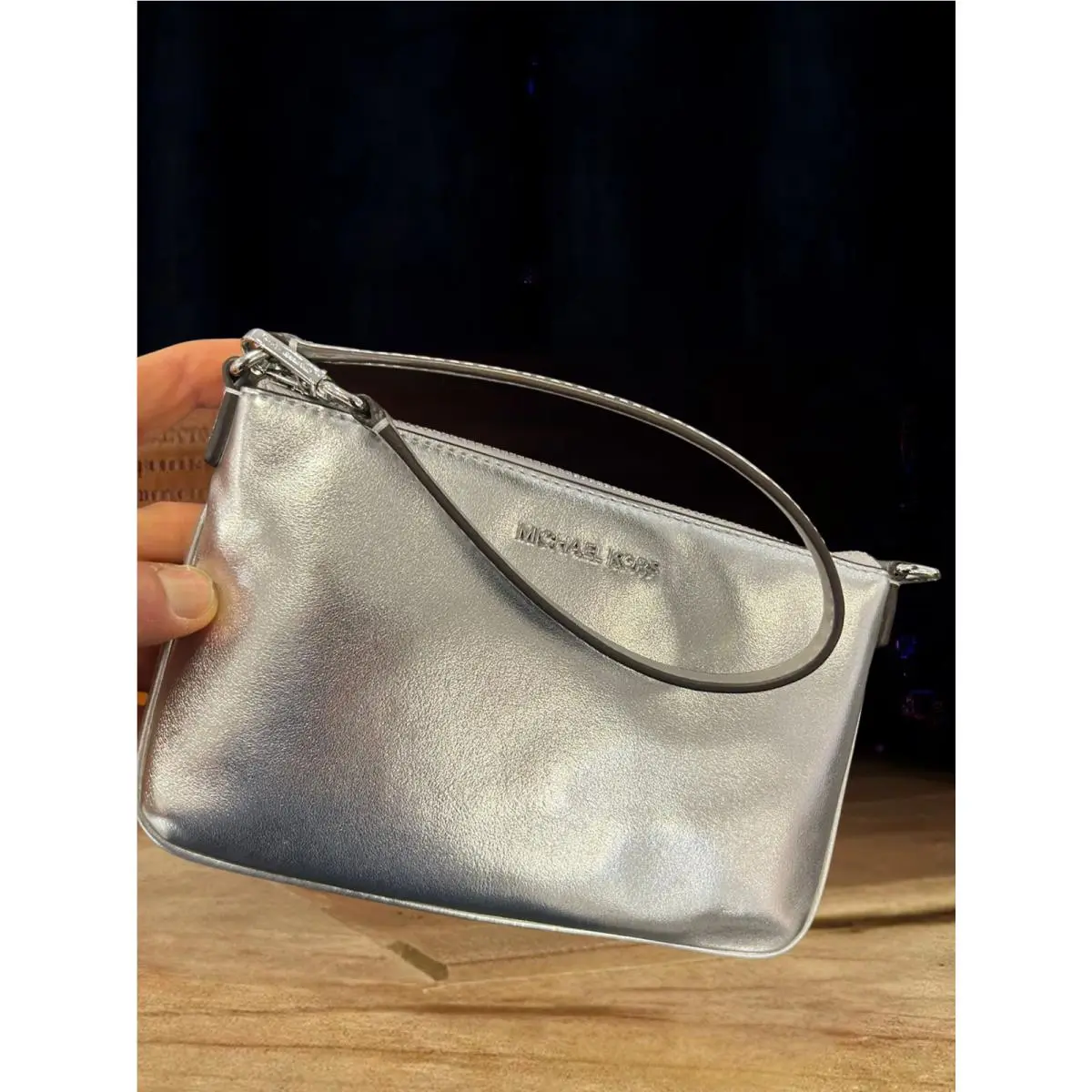 Michael Kors Jet Set Women Small Metallic Convertible Pouch Wristlet Bag Silver
