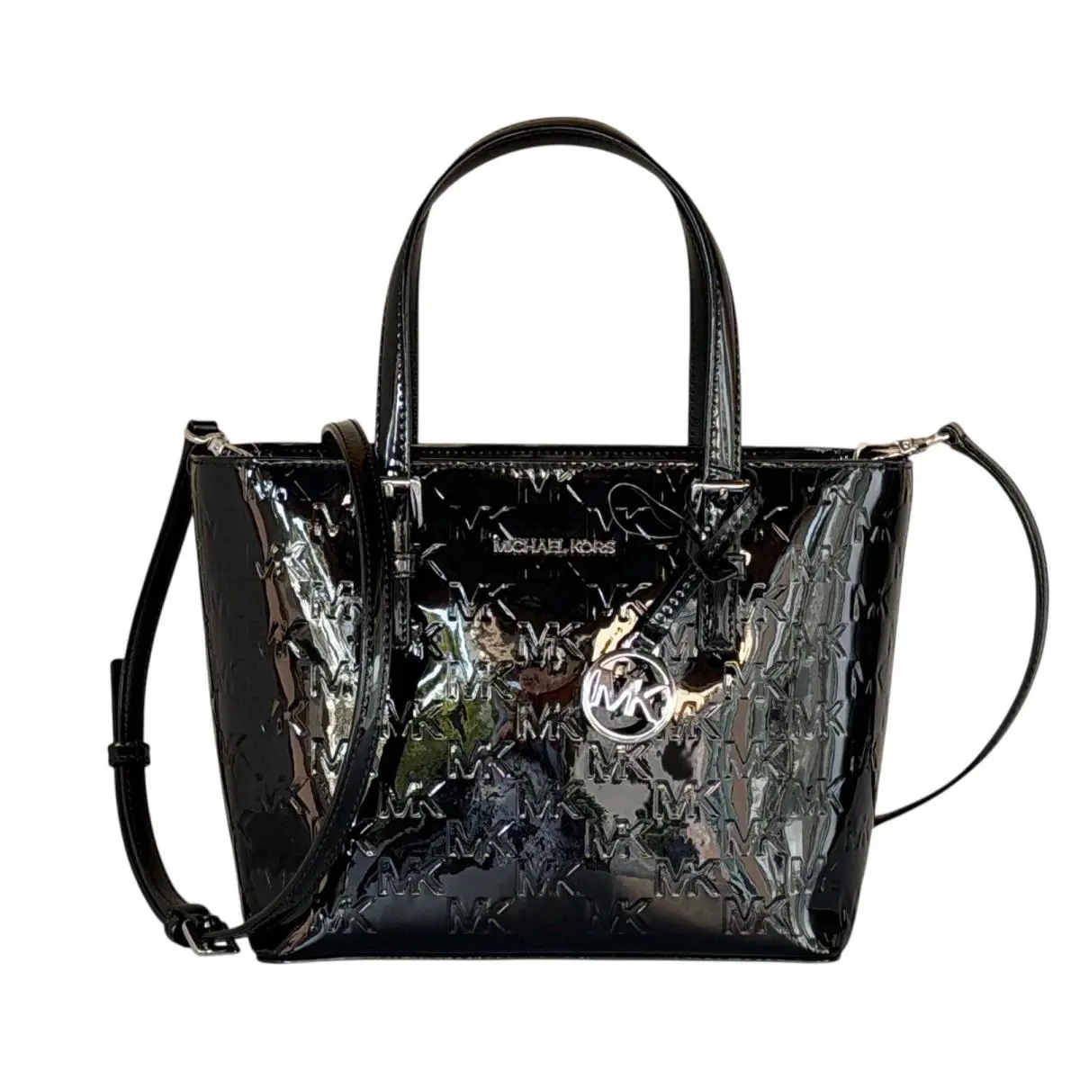 Michael Kors Jet Set Travel XS Tote Shoulder Bag MK Embossed Patent Black