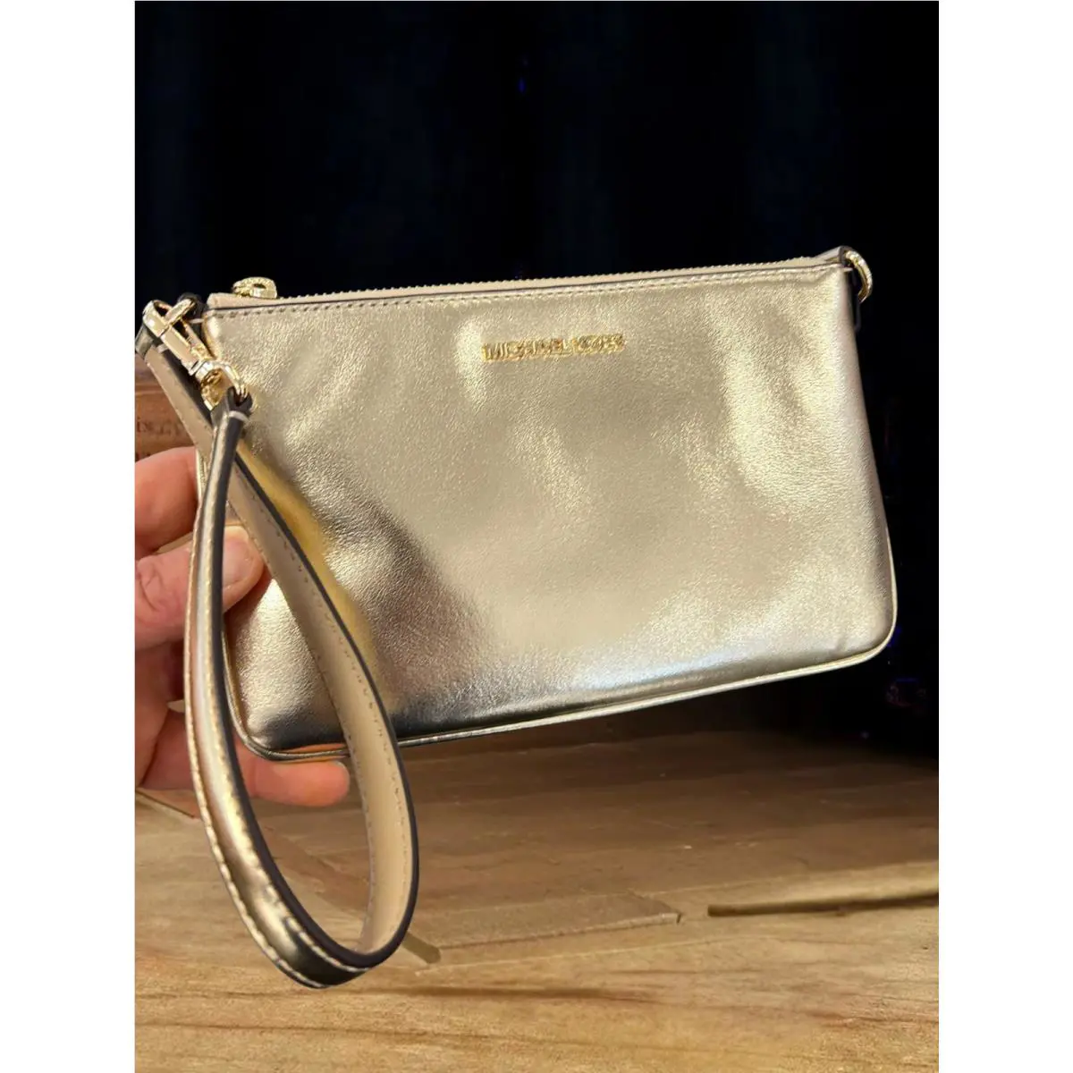 Michael Kors Jet Set Women Small Pale Gold Metallic Clutch Wristlet Pouch Bag MK