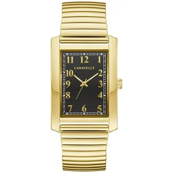 Caravelle BY Bulova 44A122 Black Dial Gold Expansion Band 30MM Mens Watch - Dial: Black, Band: Gold, Bezel: Gold
