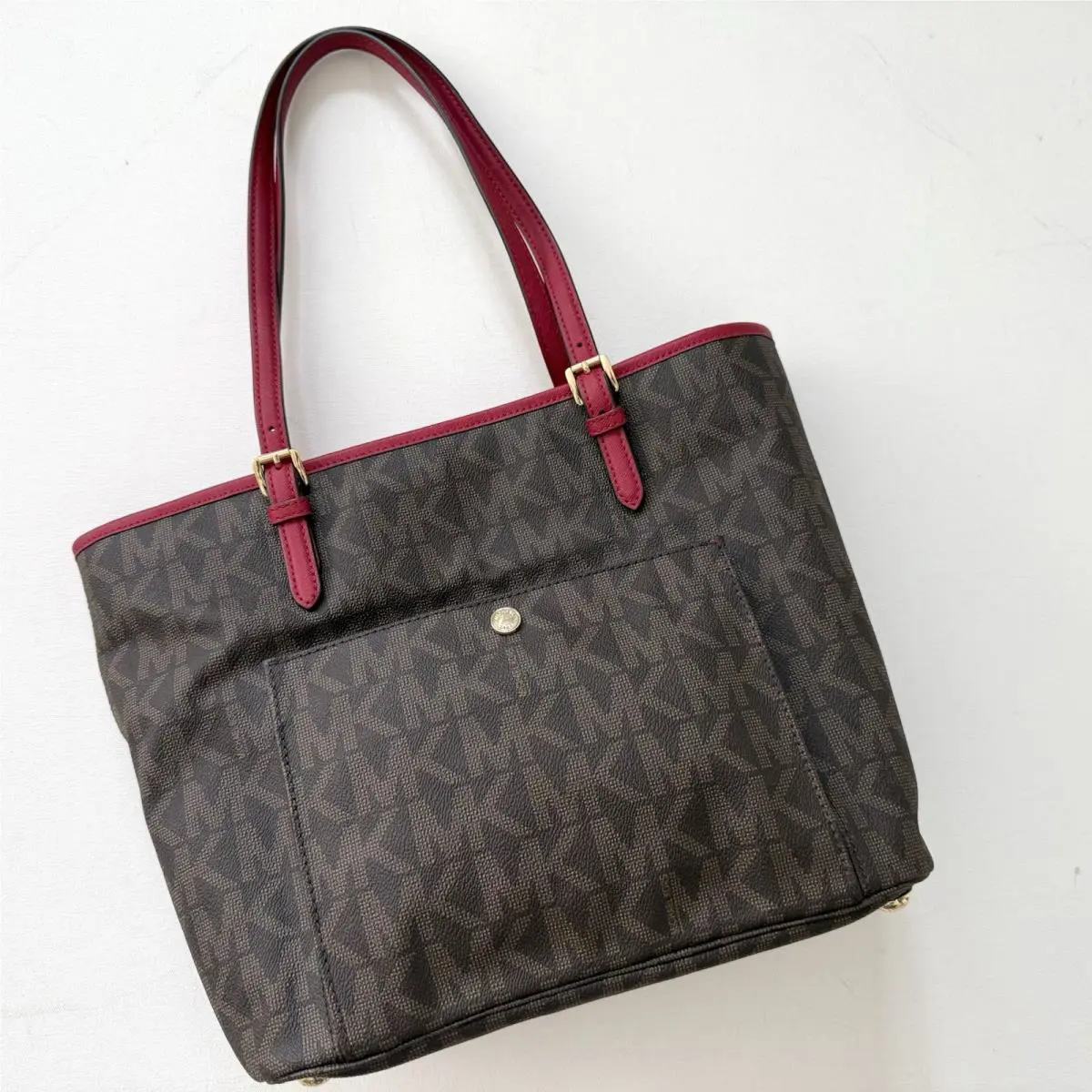 Michael Kors Jet Set Top Zip Large Snap Pocket Tote Bag Brown/cranberry