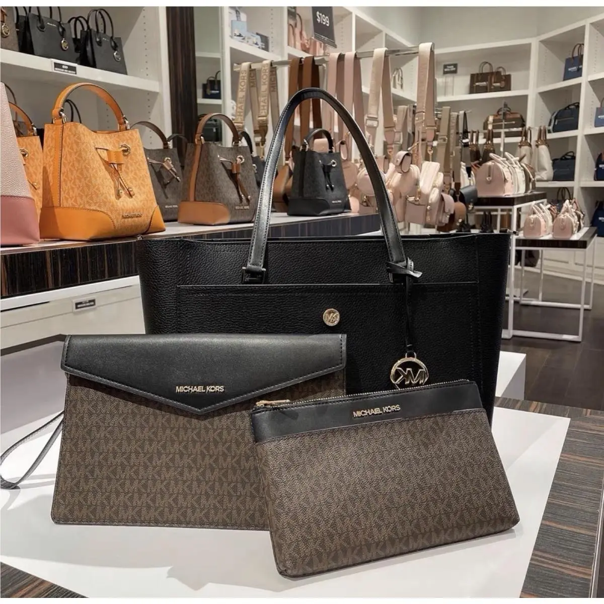 Maisie Large Pebbled Leather 3-in-1 Tote Bag Brown Black by Michael Kors