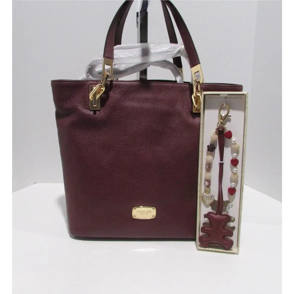 Michael Kors Brooke NS Tote Merlot Shoulder Bag with Bag Charm Leather