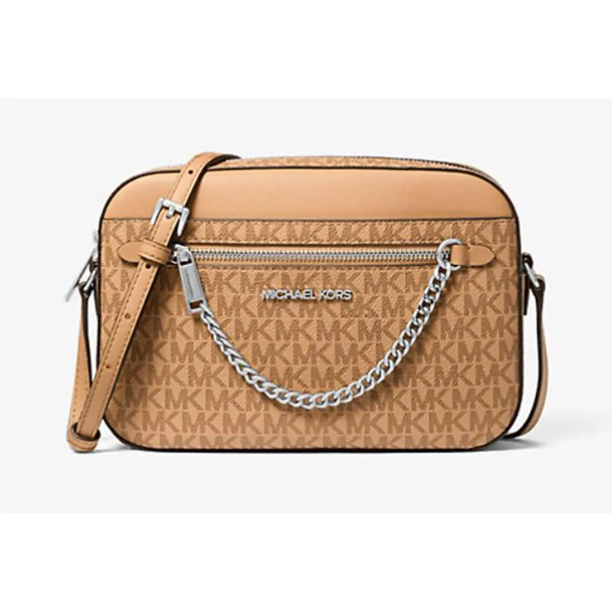 Michael Kors Jet Set Women Large Logo Zip Chain Crossbody Bag+ Coin Pouch Peanu