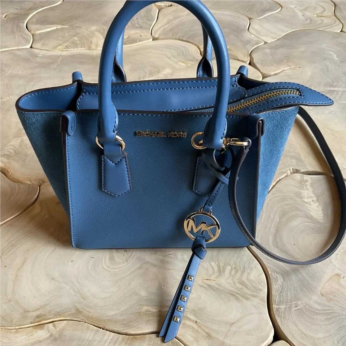Michael Kora Kris Small Leather Satchel Blue Chambray Crossbody Gold Logo Studs