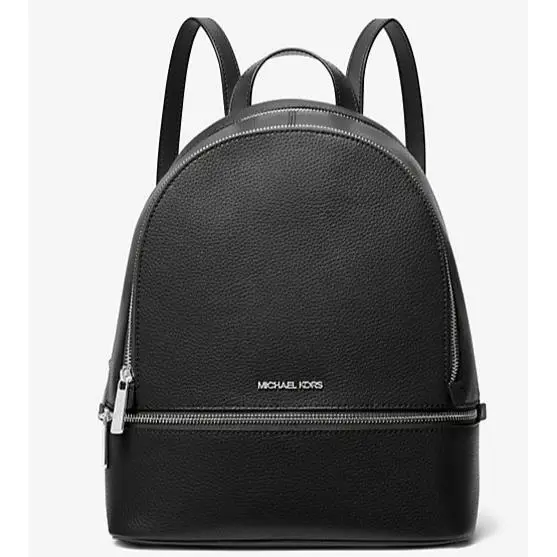 Michael Kors Rhea Zip Backpack Black Leather Silver Factory Packaging Bag