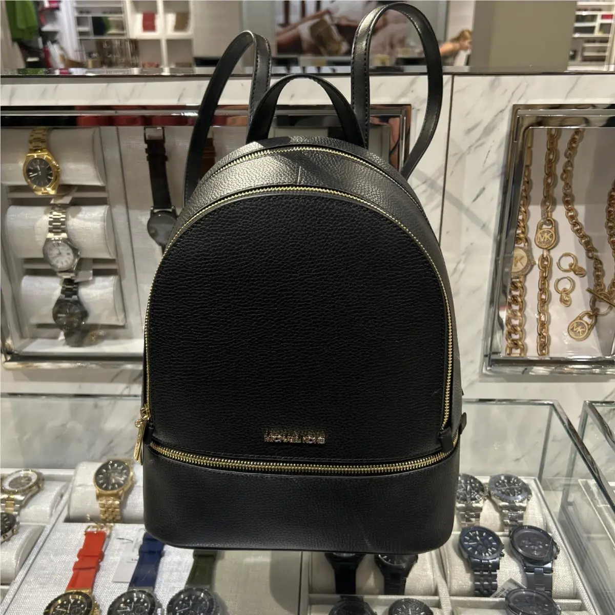 Michael Kors Rhea Medium Zip Backpack Bag Travel Tote MK Black Leather Gold