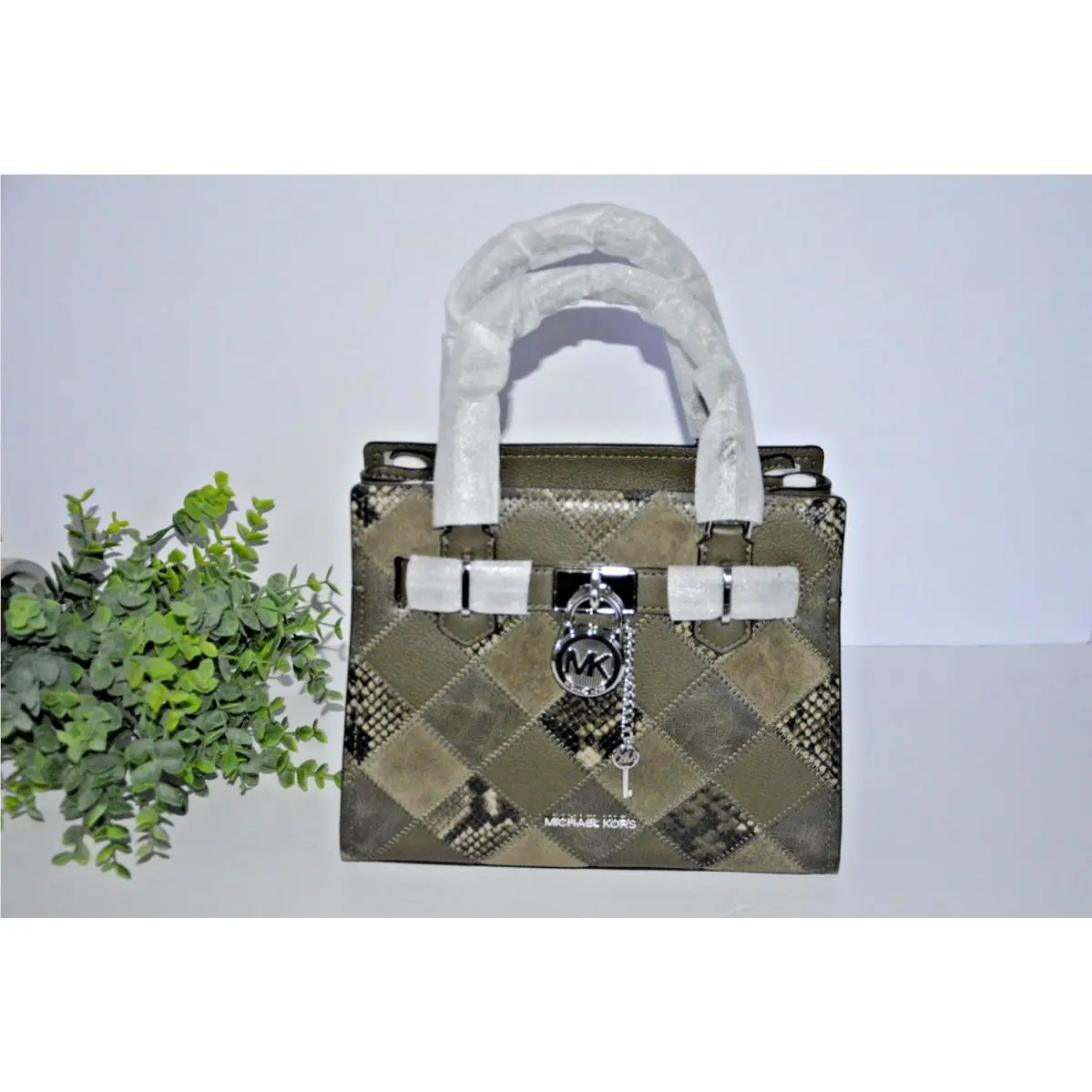Michael Kors Hamilton Small Olive Patchwork and Snake Embossed Satchel Purse Bag