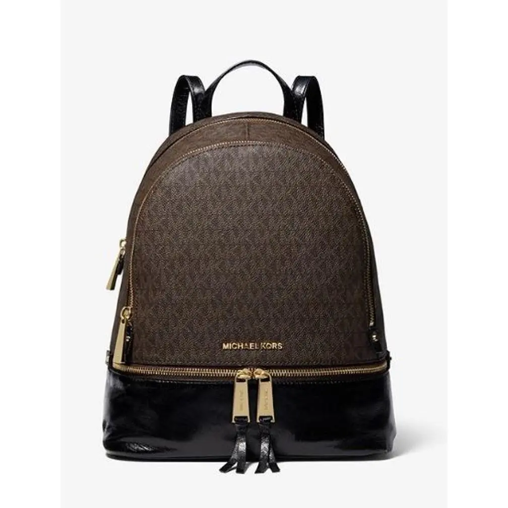 Michael Kors Rhea Medium Logo and Leather Backpack 30H8GEZB6B-Brn/Blk