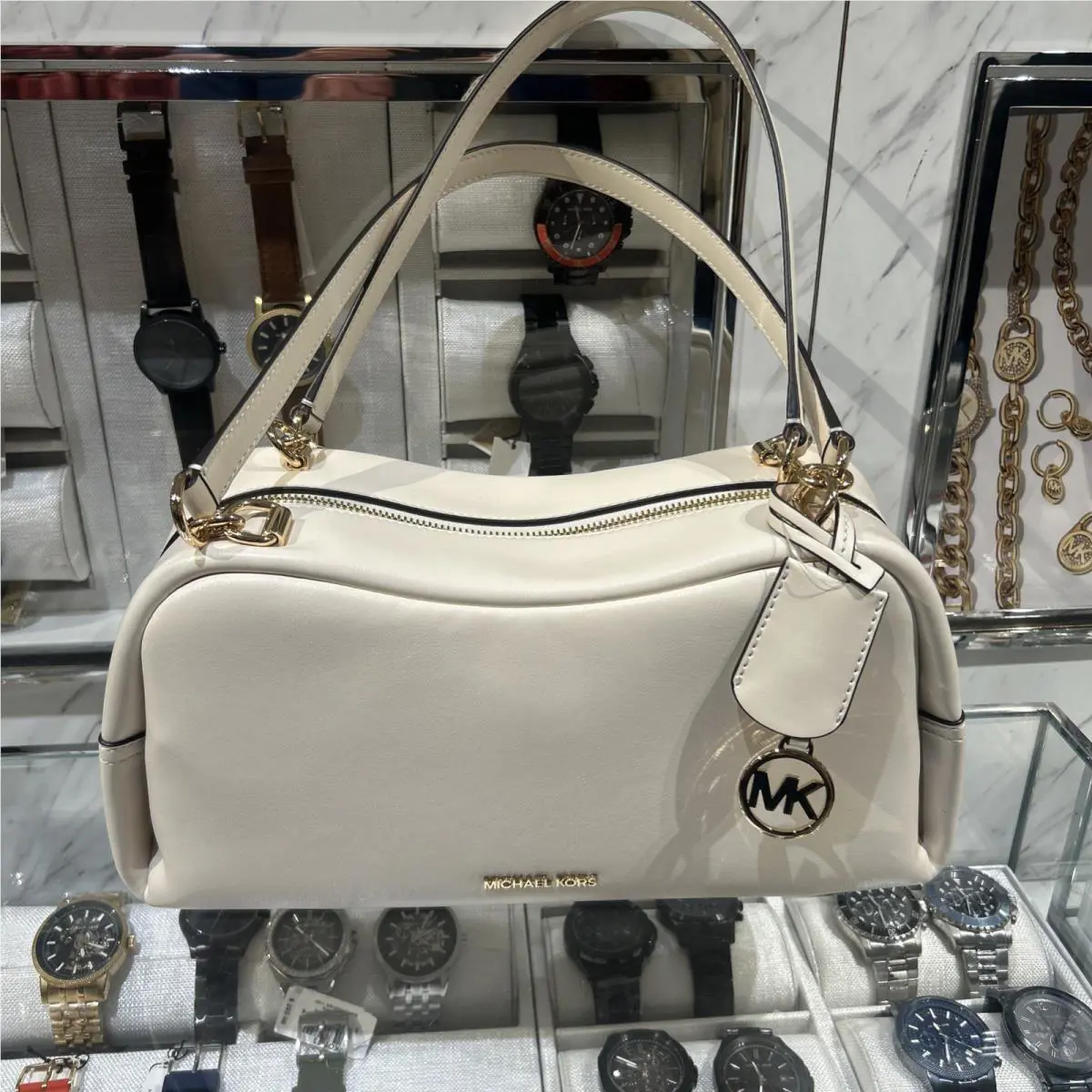 Michael Kors Cecily Medium Shoulder Bag MK Light Cream White Soft Leather Gold