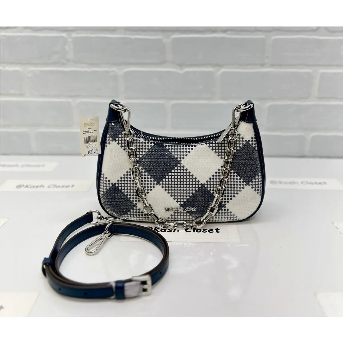 Michael Kors Cora Sequence Plaid Medium Shoulder Purse Crossbody Bag Navy