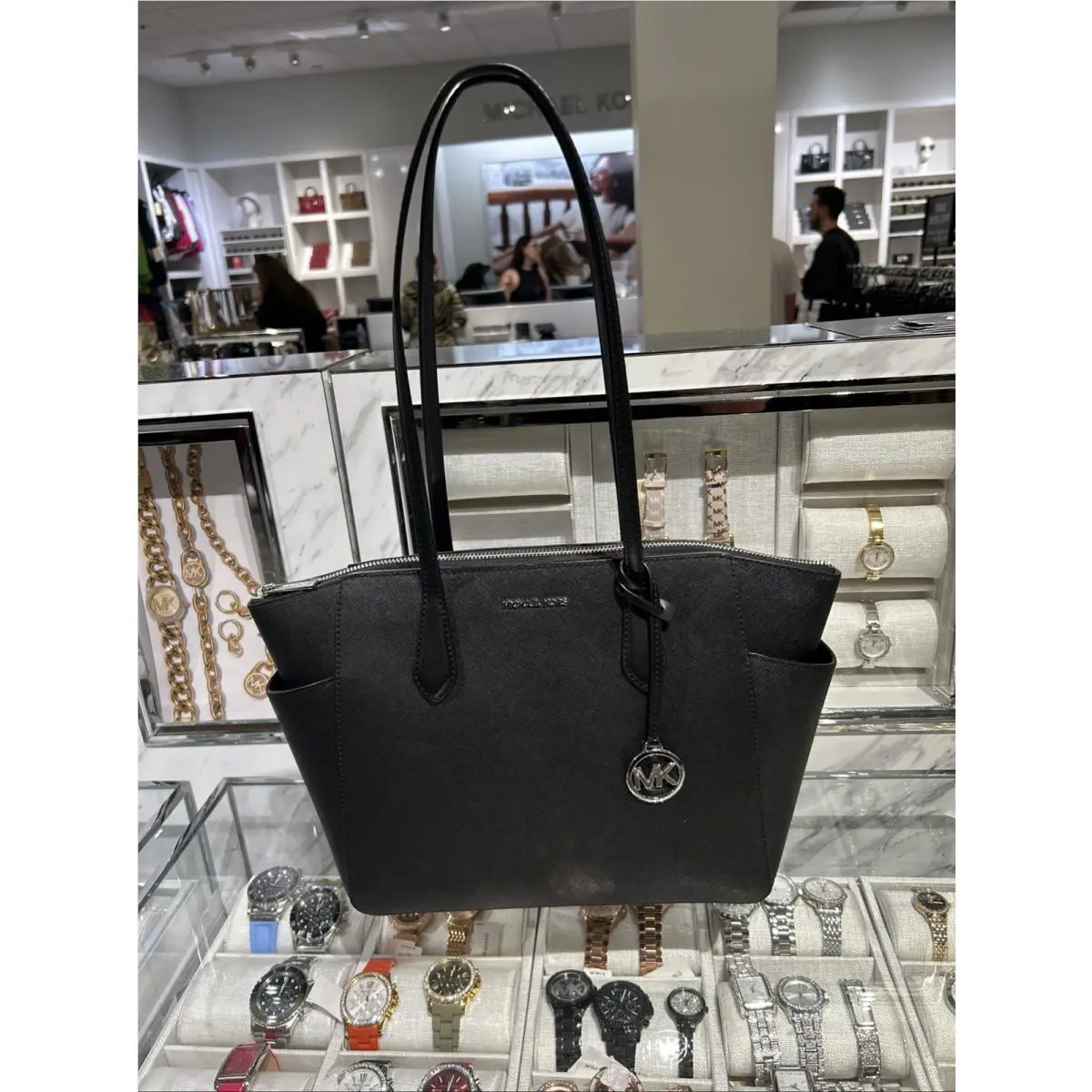 Michael Kors Marilyn Medium Large Zip Tote Shoulder Bag Black Leather Silver