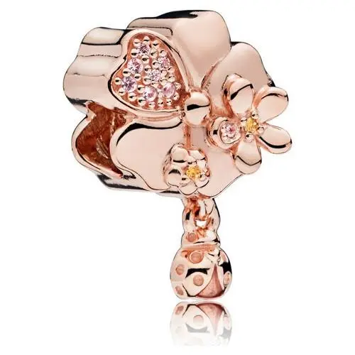 Flower and Ladybug Charm in  Rose with 8 Bead-set Rose Pink Cryst by Pandora